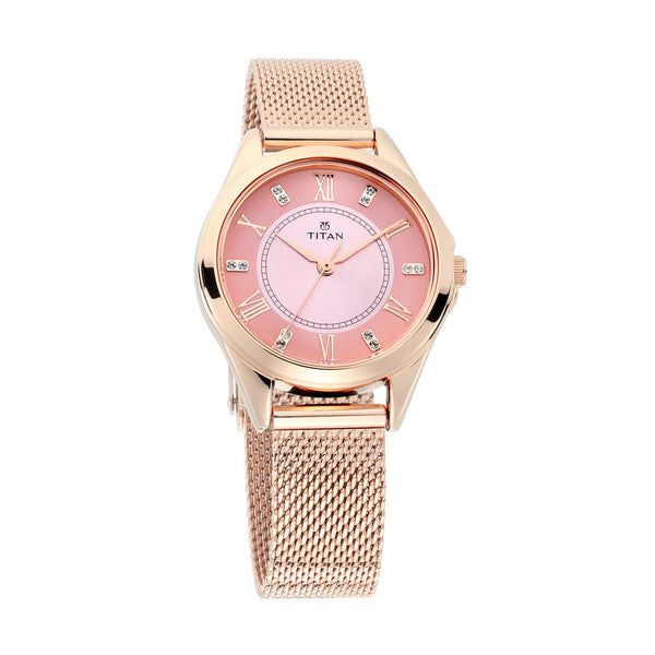 Titan Pink Dial Mesh Stainless Steel Strap Analog Watch for Women
