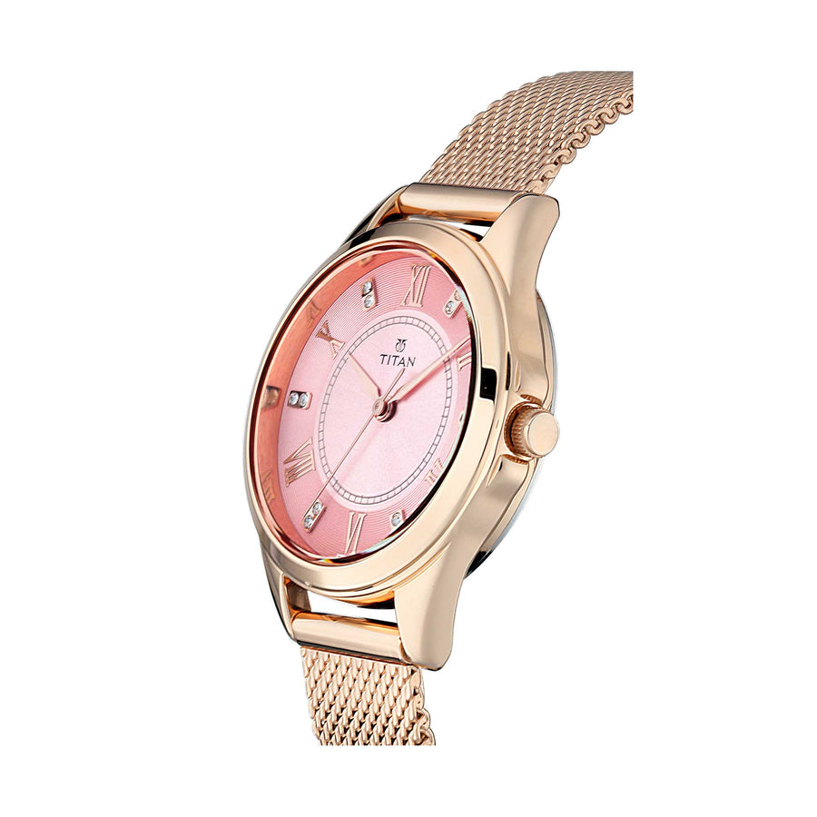 Titan Pink Dial Mesh Stainless Steel Strap Analog Watch for Women
