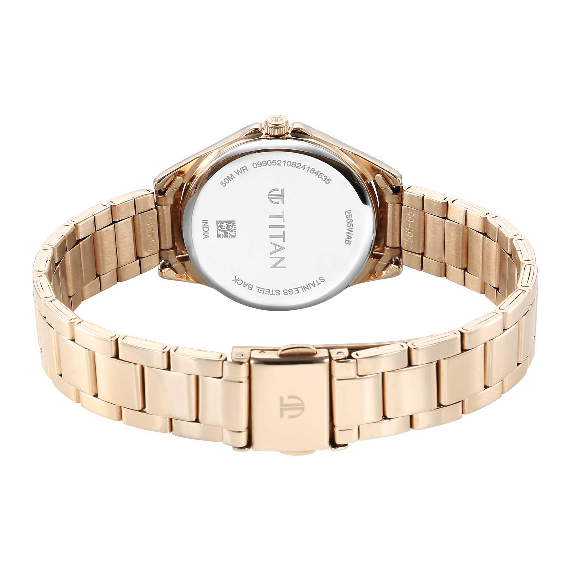 Titan Purple Dial Rose Gold Metal Strap Analog Watch for Women