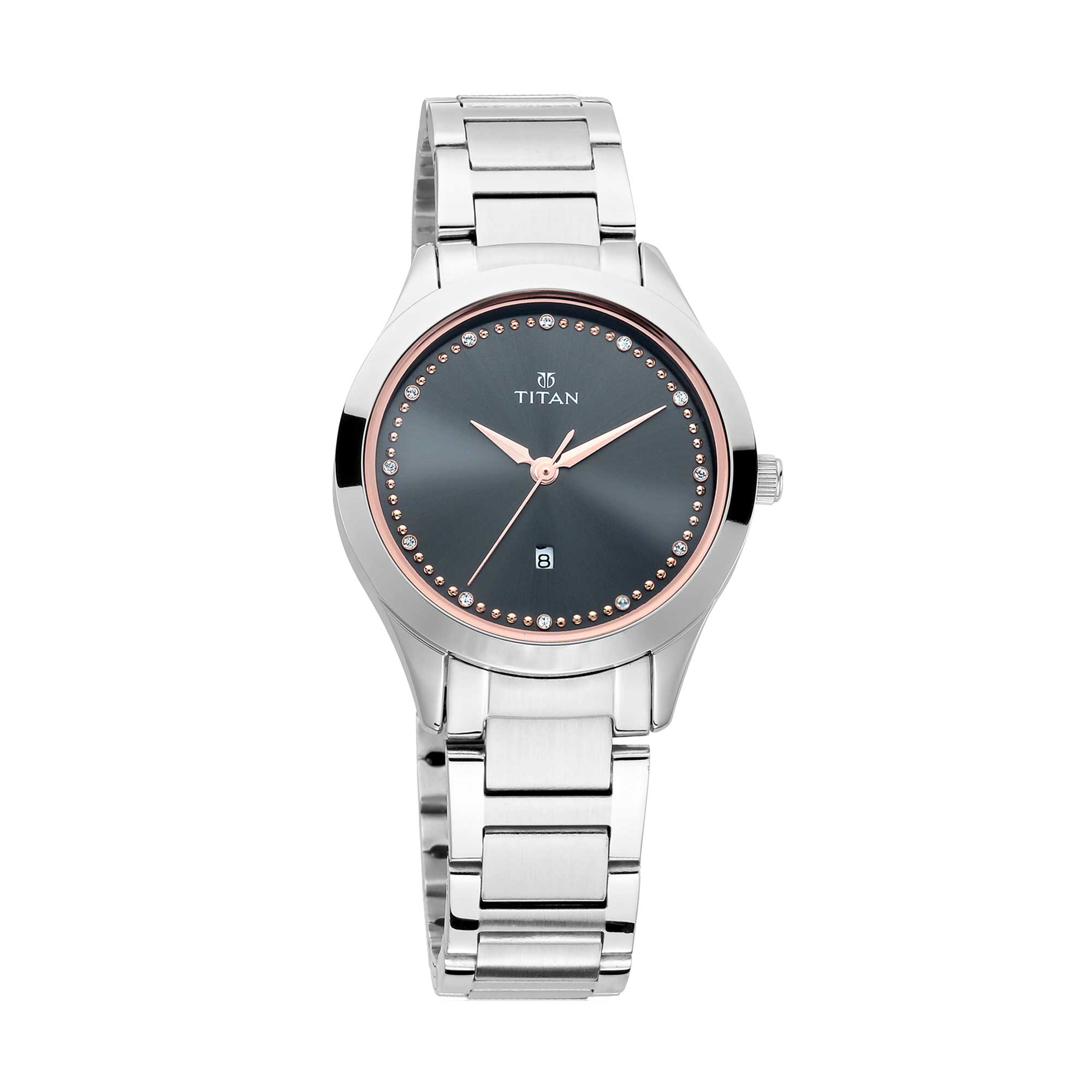 Titan Sparkle Anthracite Dial Analog with Date Stainless Steel Strap Watch for Women