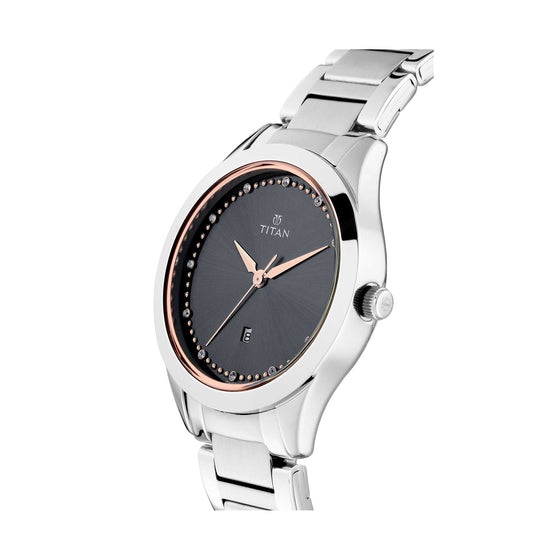 Titan Sparkle Anthracite Dial Analog with Date Stainless Steel Strap Watch for Women