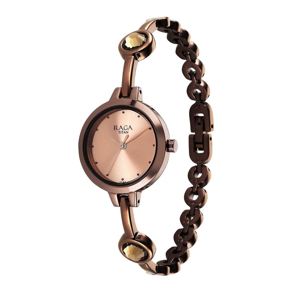 Titan Raga Viva Quartz Analog Rose Gold Dial Brown Metal Strap Watch for Women