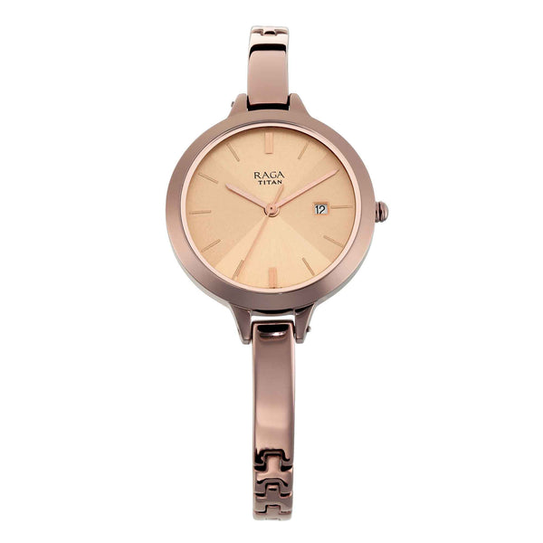 Titan Raga Rose Gold Dial Brown Metal Strap Analog with Date Watch for Women