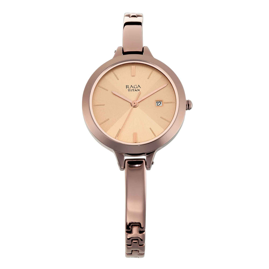 Titan Raga Rose Gold Dial Brown Metal Strap Analog with Date Watch for Women