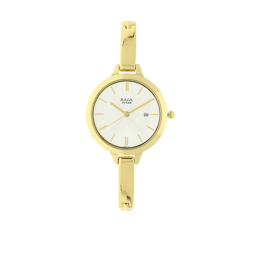 Titan Raga Viva Champagne Dial Gold Metal Strap Analog with Date Watch for Women