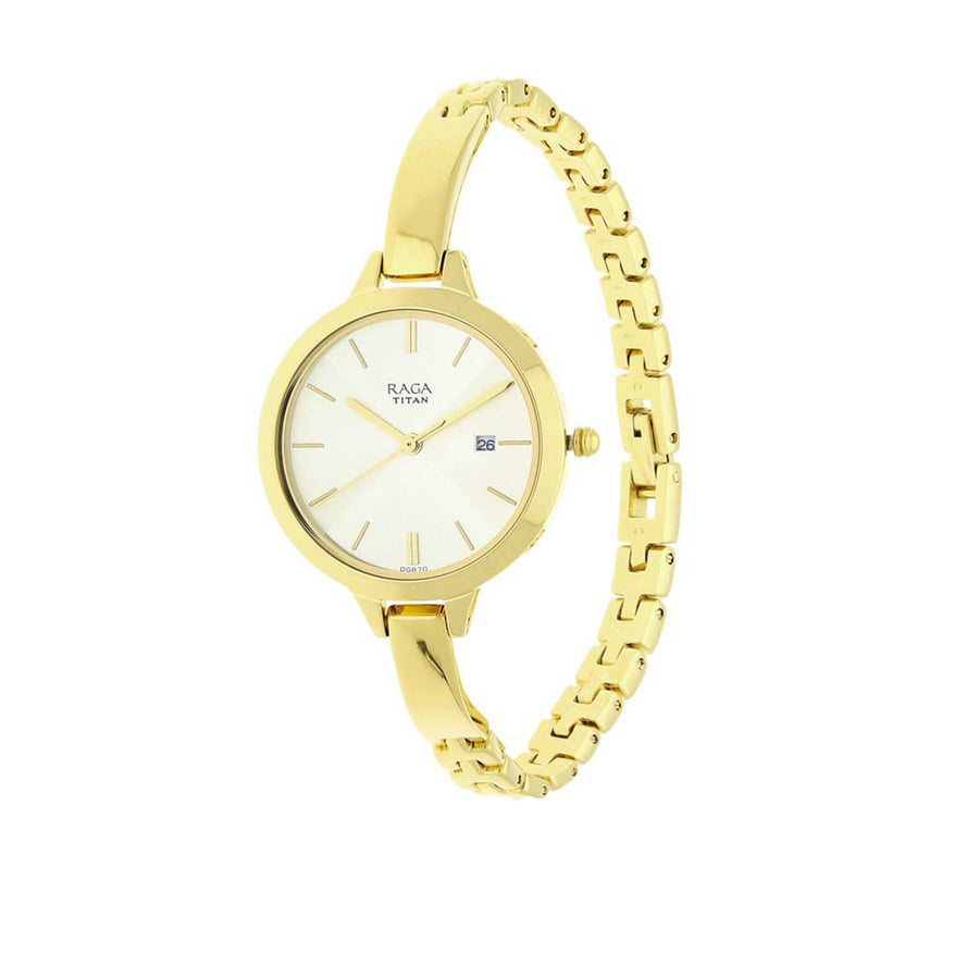 Titan Raga Viva Champagne Dial Gold Metal Strap Analog with Date Watch for Women