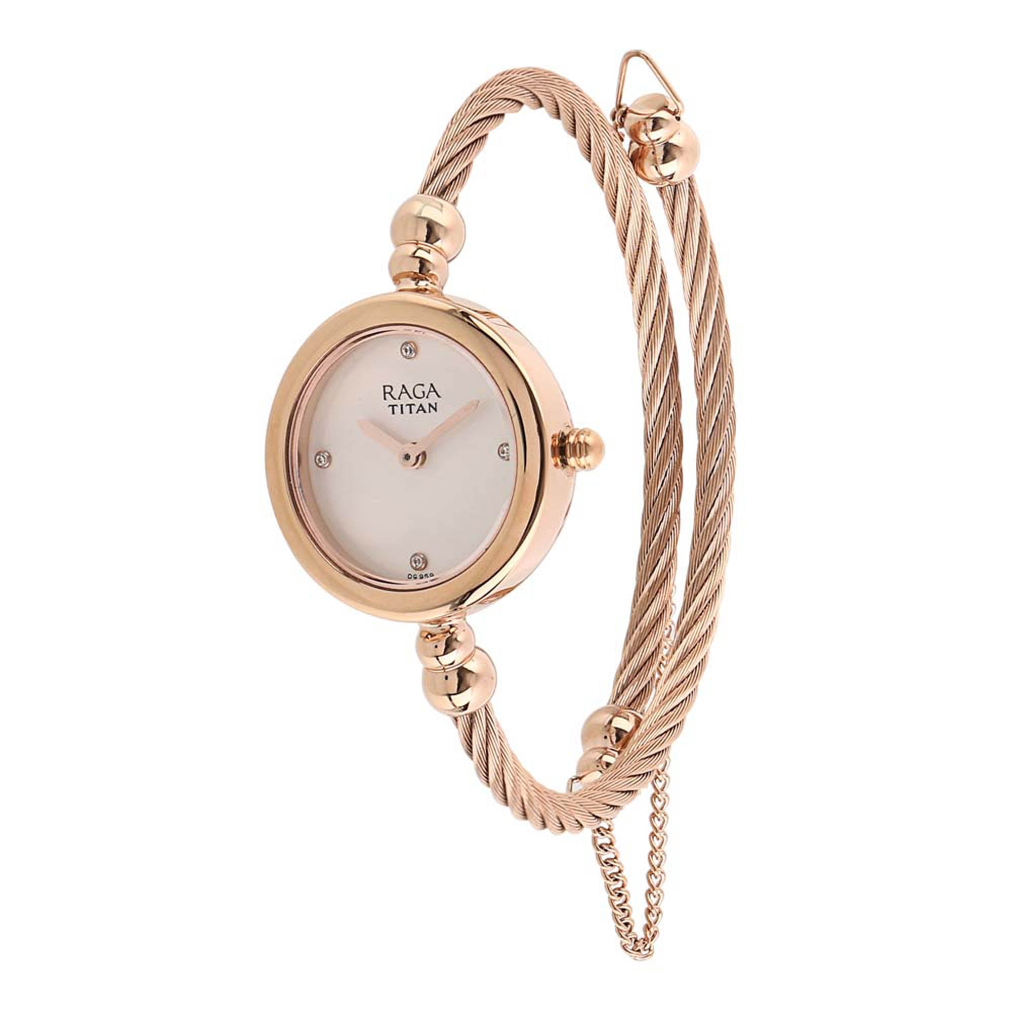 Titan Raga White Dial Gold Metal Strap Analog Watch for Women
