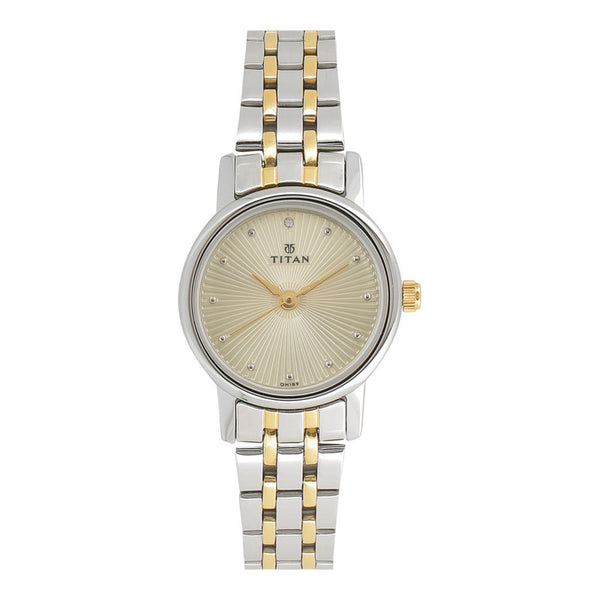 Titan Quartz Analog Champagne Dial Stainless Steel Strap Watch for Women
