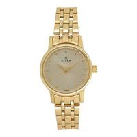 Titan Quartz Analog Champagne Round Dial Golden Stainless Steel Strap Watch For Women