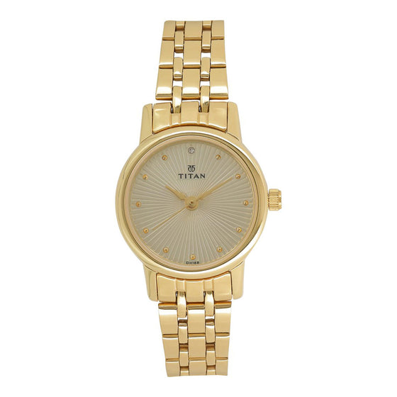 Titan Quartz Analog Champagne Round Dial Golden Stainless Steel Strap Watch For Women