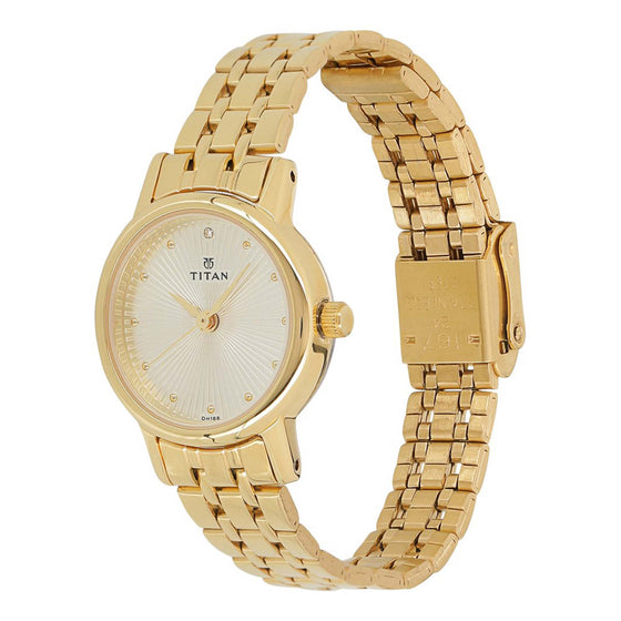 Titan Quartz Analog Champagne Round Dial Golden Stainless Steel Strap Watch For Women