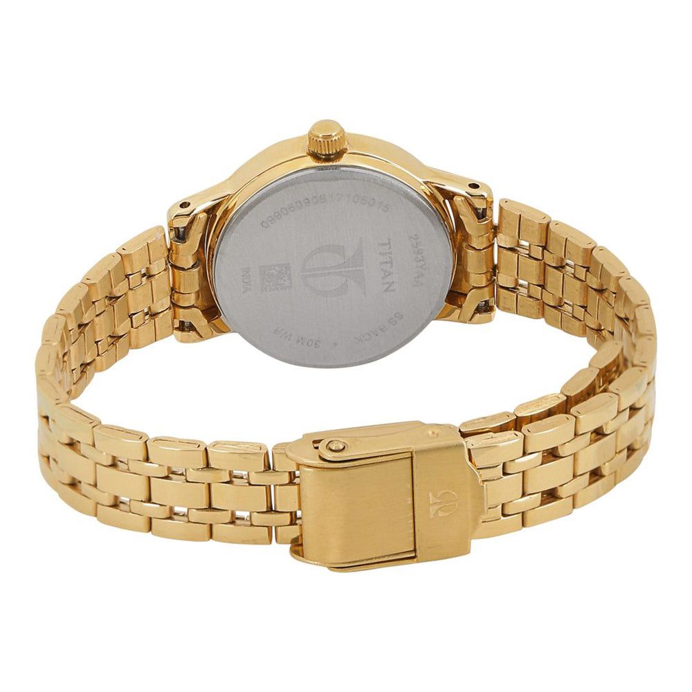 Titan Quartz Analog Champagne Round Dial Golden Stainless Steel Strap Watch For Women