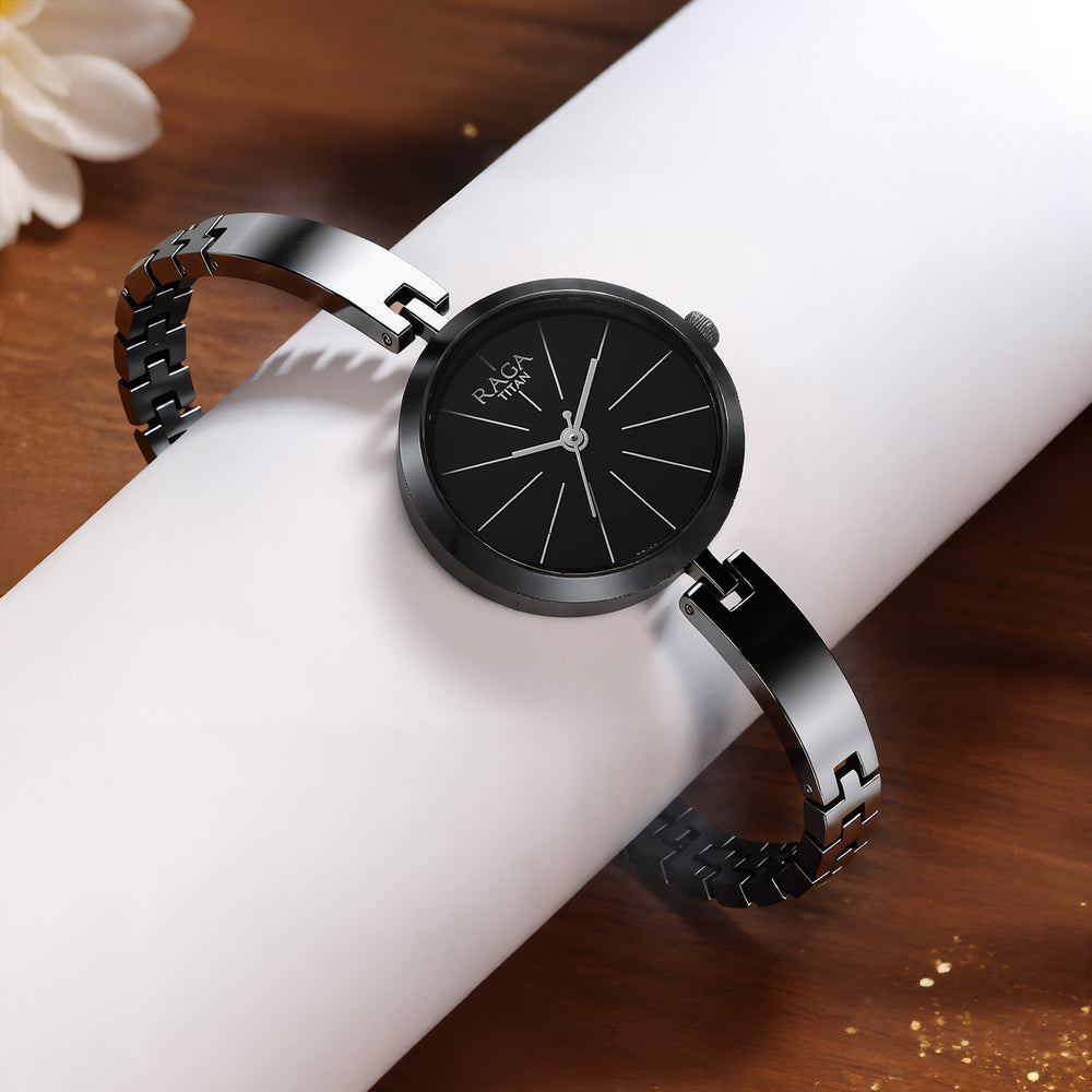 Titan Raga Viva Quartz Analog Black Dial Grey Metal Strap Watch for Women