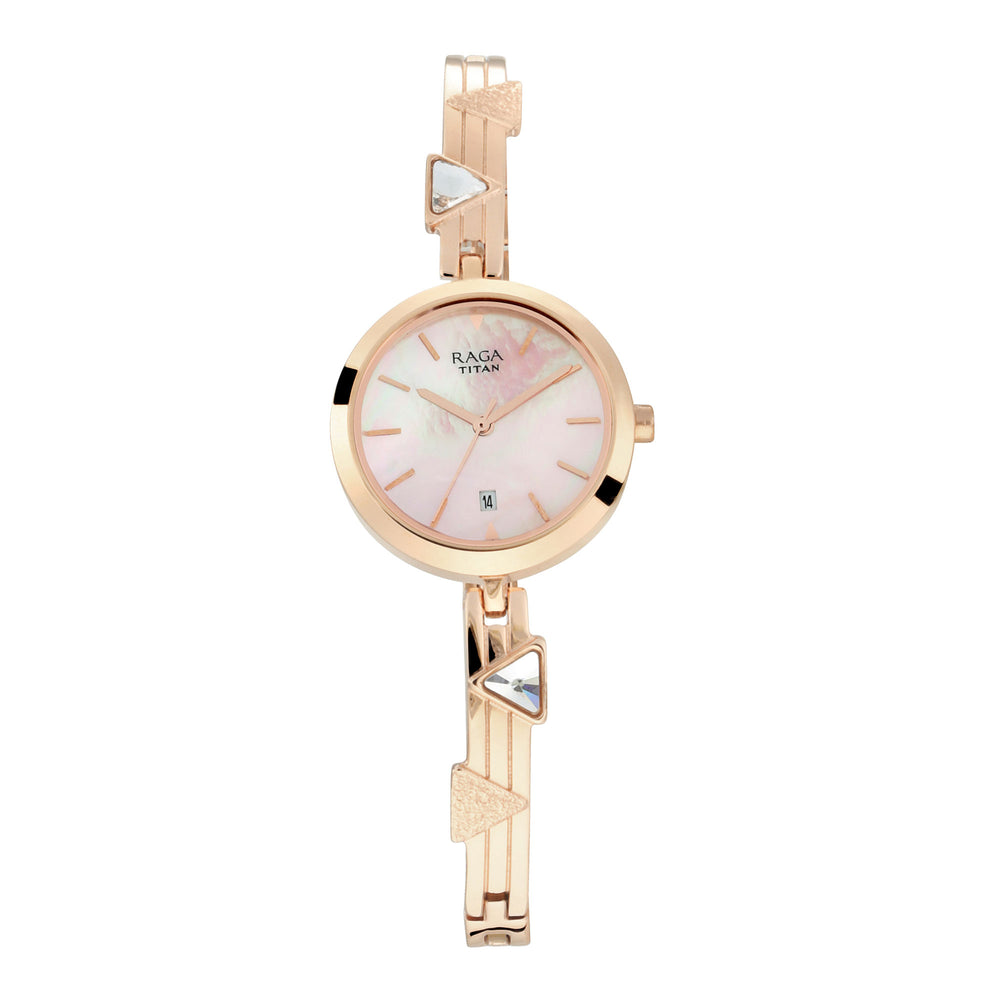 Titan Raga Viva Mother of Pearl Dial Rose Gold Metal Strap Analog with Date Watch for Women