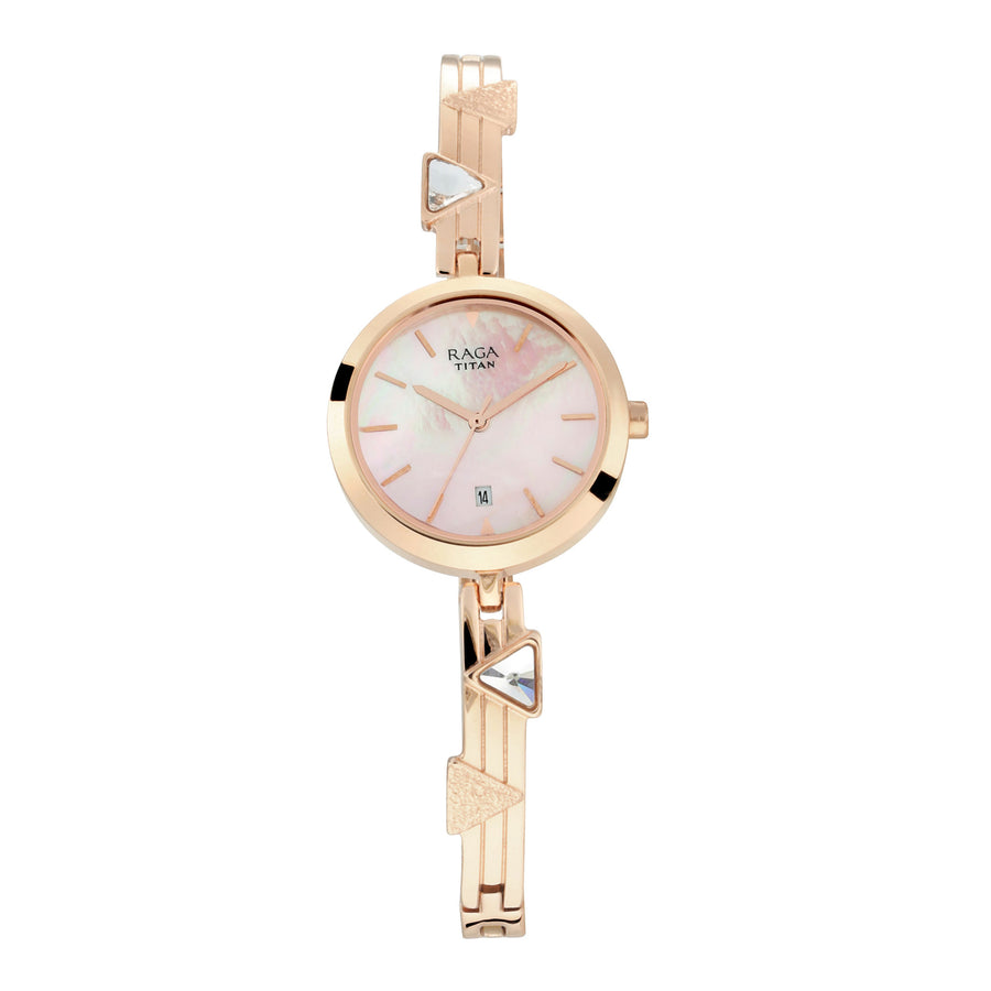 Titan Raga Viva Mother of Pearl Dial Rose Gold Metal Strap Analog with Date Watch for Women