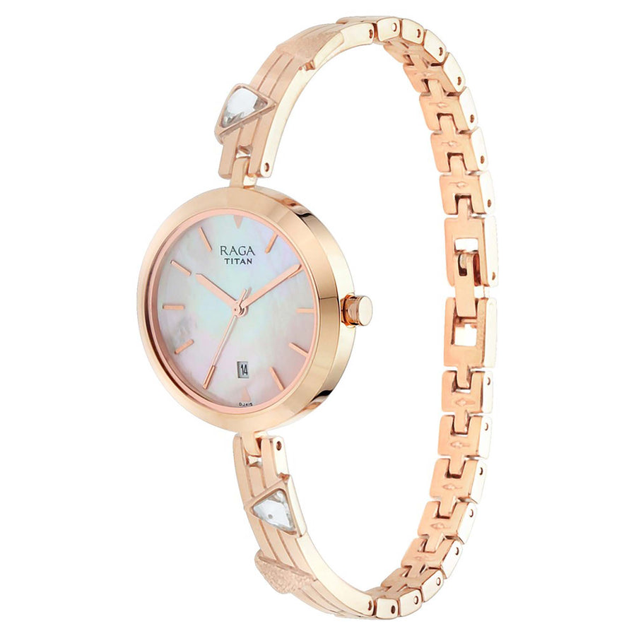 Titan Raga Viva Mother of Pearl Dial Rose Gold Metal Strap Analog with Date Watch for Women