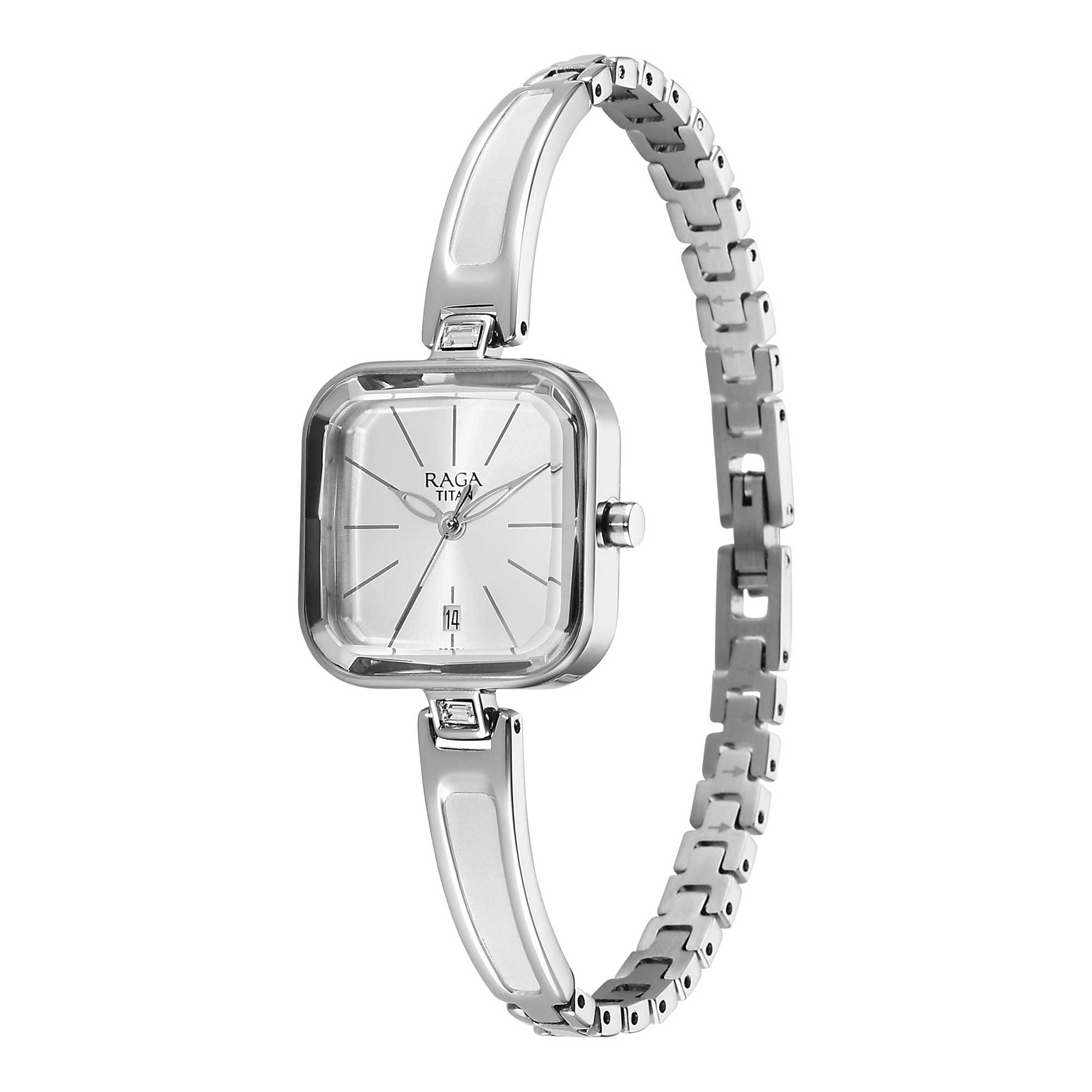 Titan Raga Silver Square Dial Metal Strap Analog with Date Watch for Women