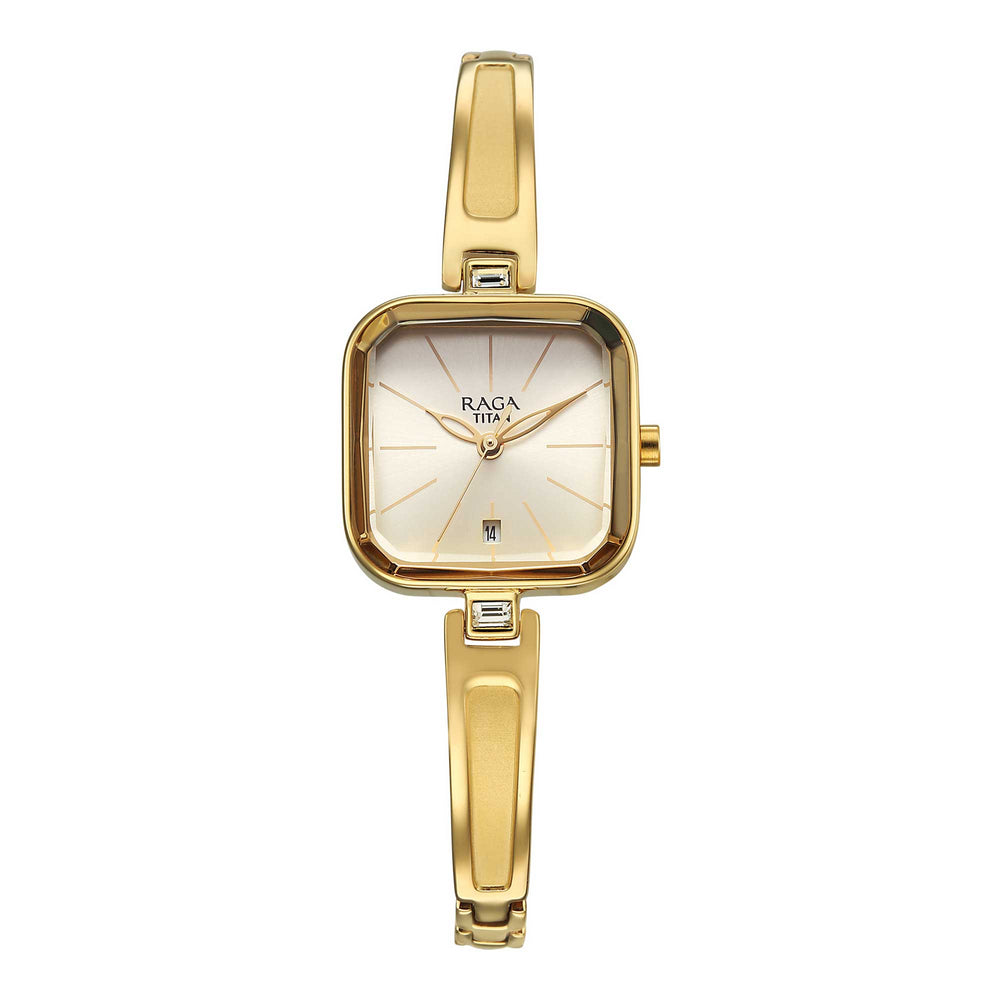Titan Raga Champagne Square Dial Gold Metal Strap Analog with Date Watch for Women
