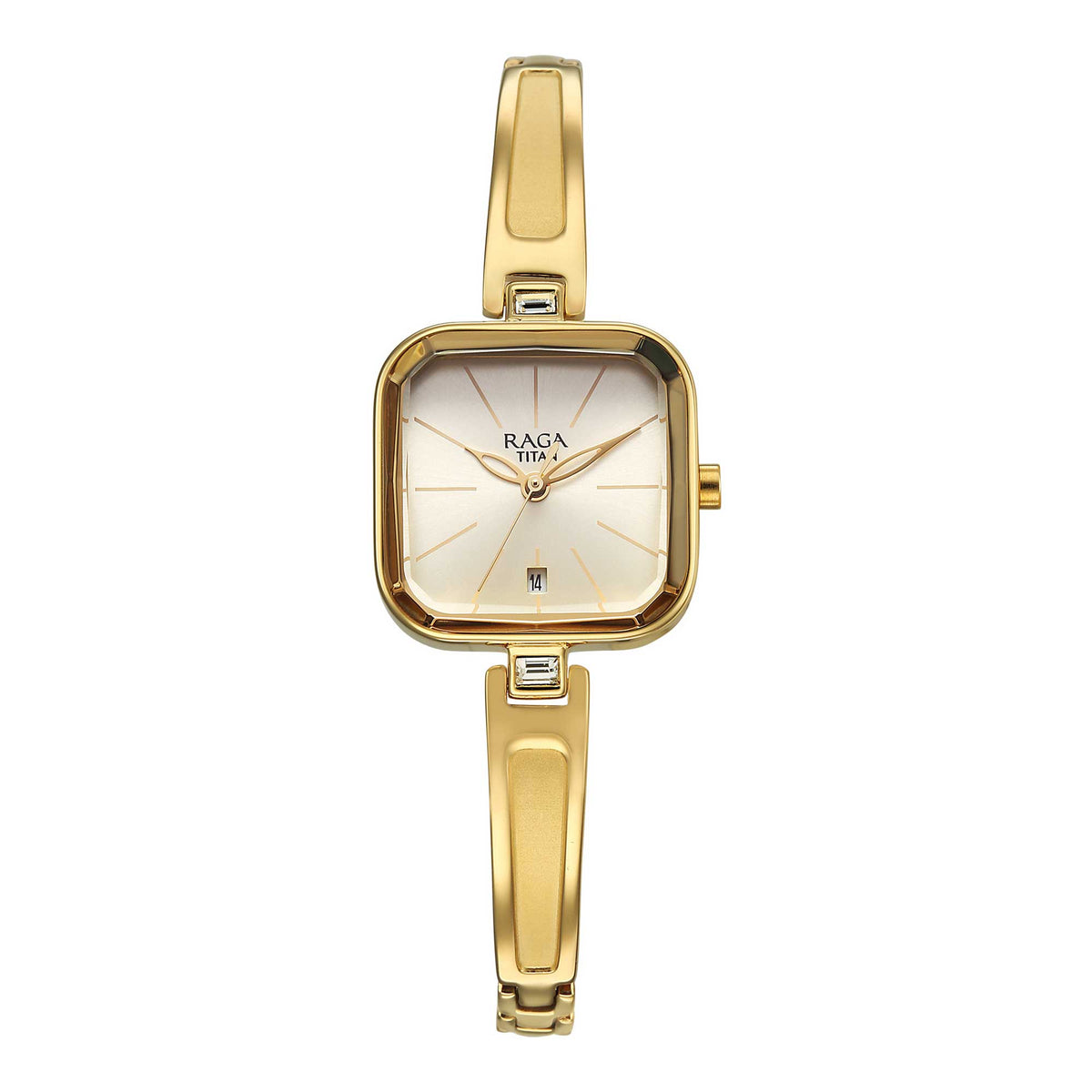 Titan Raga Champagne Square Dial Gold Metal Strap Analog with Date Watch for Women