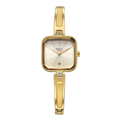Titan Raga Champagne Square Dial Gold Metal Strap Analog with Date Watch for Women