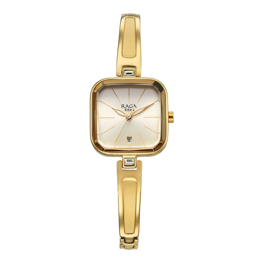 Titan Raga Champagne Square Dial Gold Metal Strap Analog with Date Watch for Women
