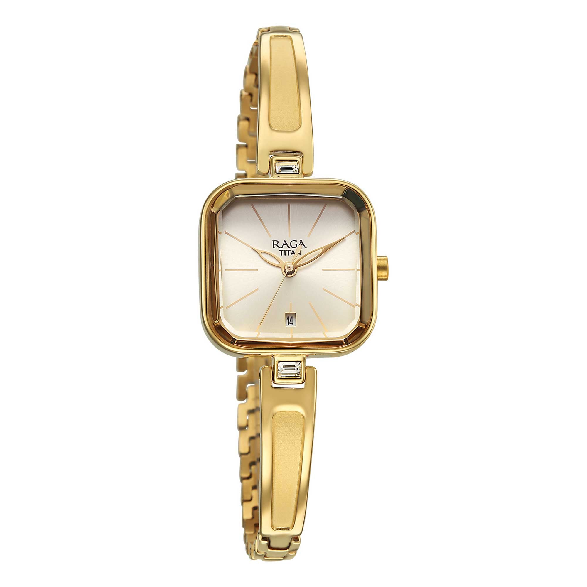 Titan Raga Champagne Square Dial Gold Metal Strap Analog with Date Watch for Women