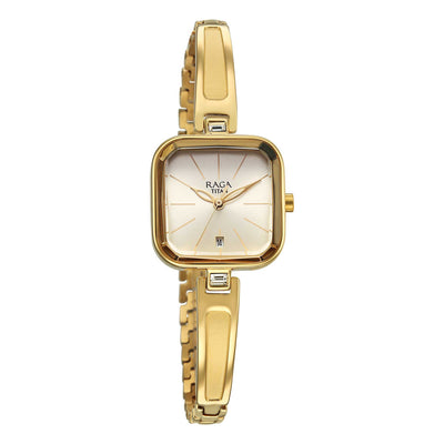 Titan Raga Champagne Square Dial Gold Metal Strap Analog with Date Watch for Women