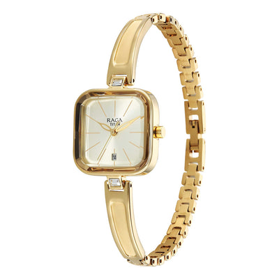 Titan Raga Champagne Square Dial Gold Metal Strap Analog with Date Watch for Women