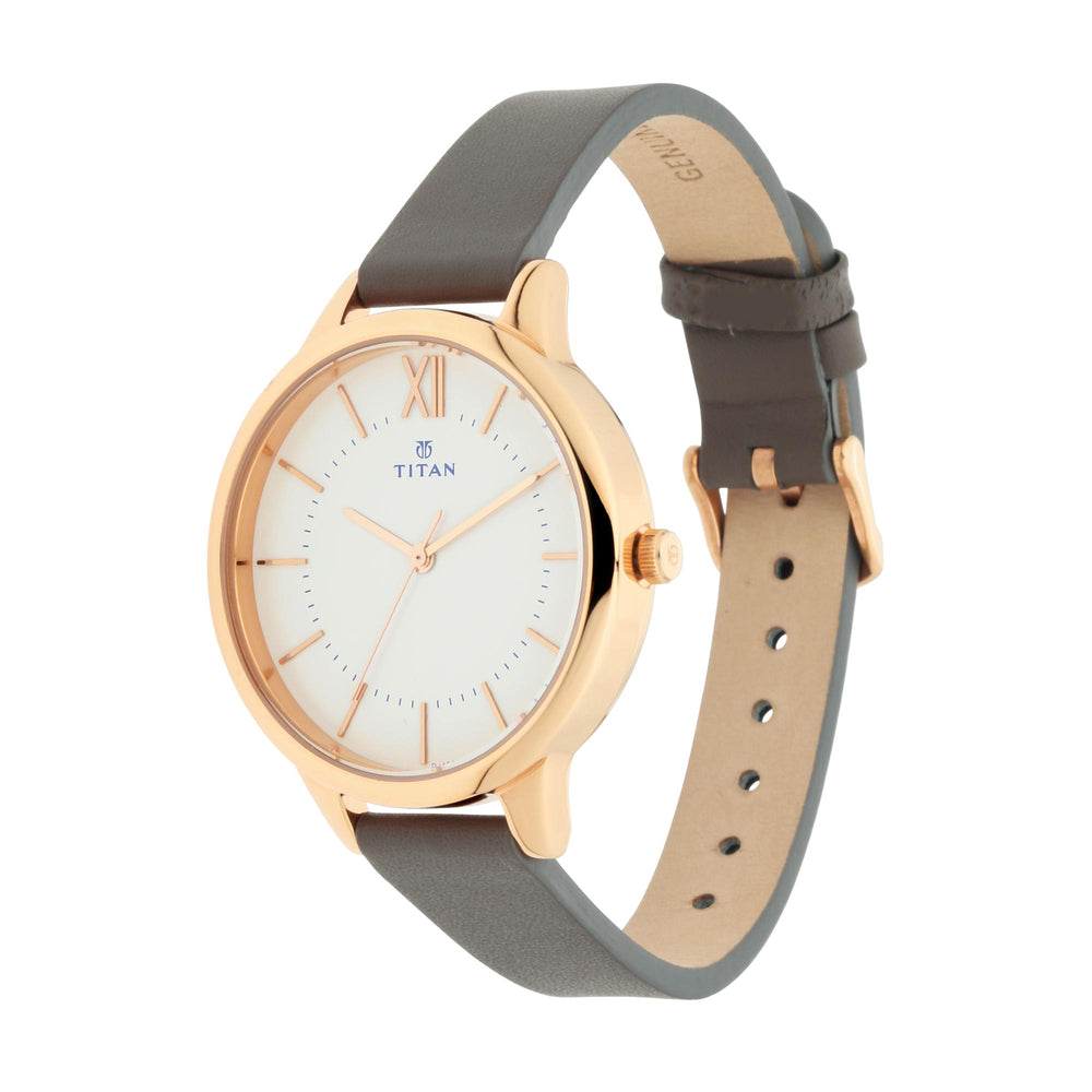 Titan Workwear White Dial Grey Leather Strap Analog Watch for Women