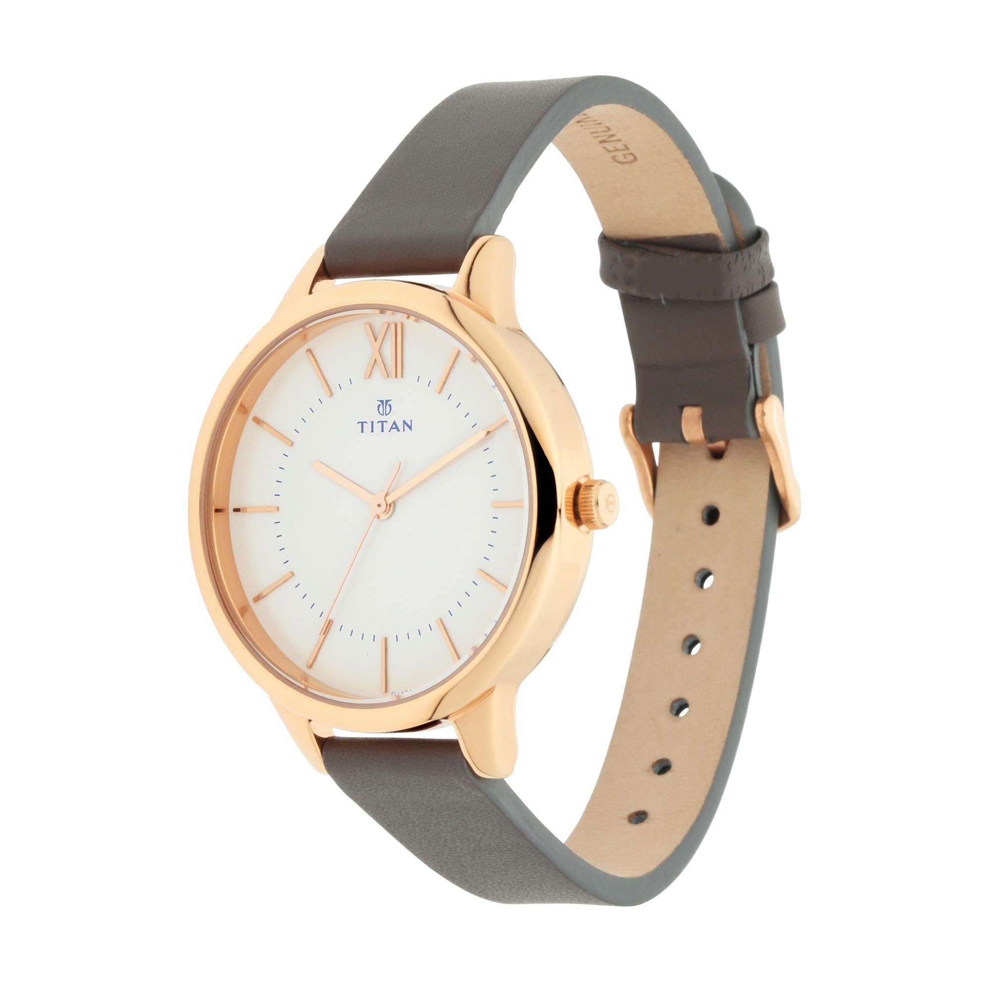Titan Workwear White Dial Grey Leather Strap Analog Watch for Women