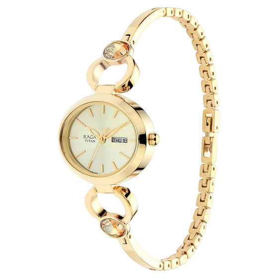 Titan Raga Viva Champagne Dial Analog with Day and Date Metal Strap watch for Women