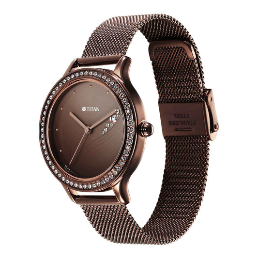 Titan Purple Glam It Up Brown Dial Analog with Date Stainless Steel Strap Watch for Women