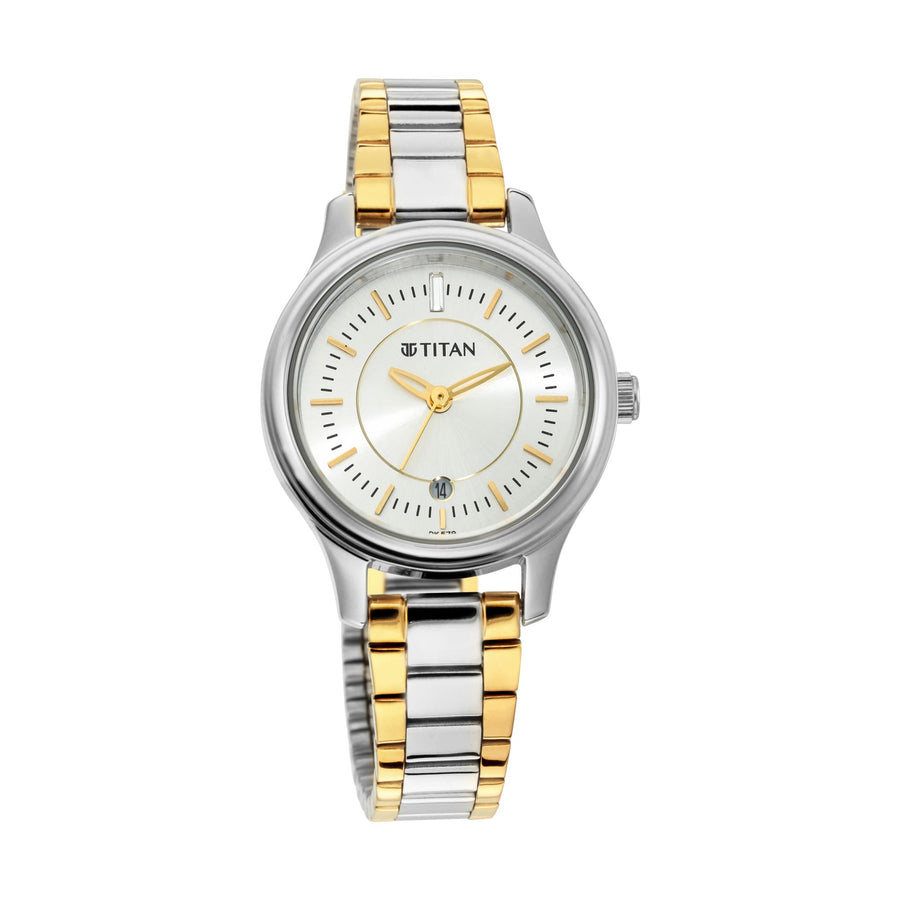 Titan Silver Dial Two Toned Metal Strap Analog with Date Watch for Women