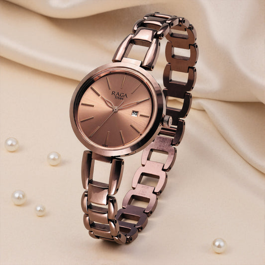 Titan Raga Viva Quartz Analog with Date Rose Gold Dial Brown Metal Strap Watch for Women