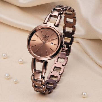 Titan Raga Viva Quartz Analog with Date Rose Gold Dial Brown Metal Strap Watch for Women