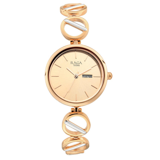 Titan Raga Viva Quartz Analog with Day and Date Rose Gold Dial Two Toned Metal Strap Watch For Women
