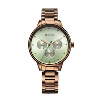 Titan Green Dial Brown Stainless Steel Strap Analog with Day and Date Watch for Women