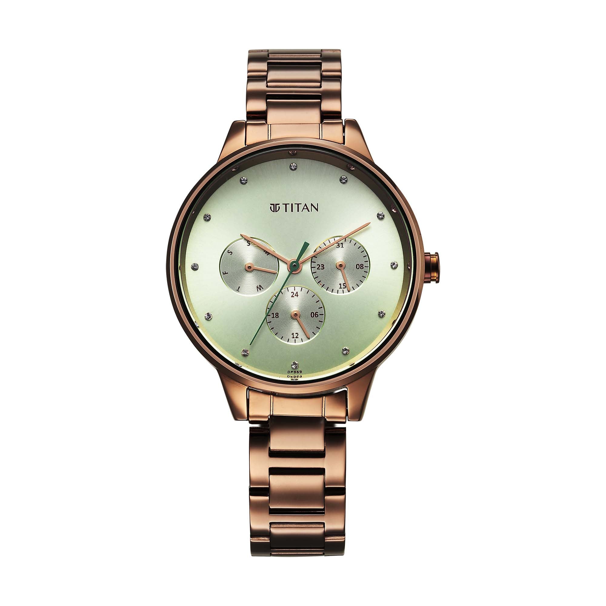 Titan Green Dial Brown Stainless Steel Strap Analog with Day and Date Watch for Women