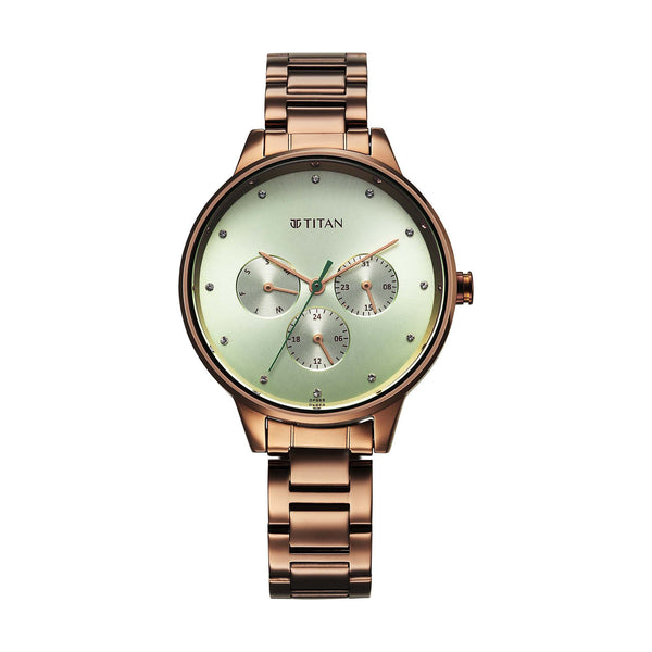 Titan Green Dial Brown Stainless Steel Strap Analog with Day and Date Watch for Women