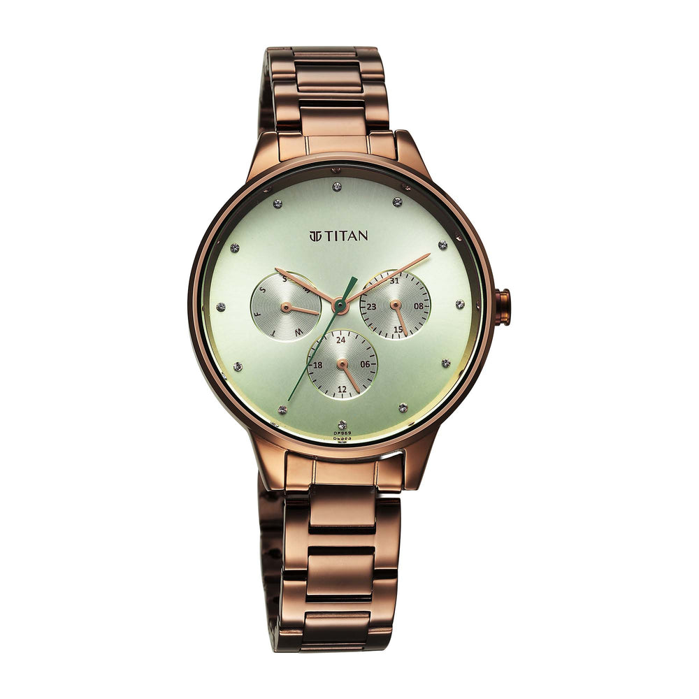 Titan Green Dial Brown Stainless Steel Strap Analog with Day and Date Watch for Women
