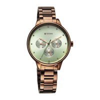 Titan Green Dial Brown Stainless Steel Strap Analog with Day and Date Watch for Women