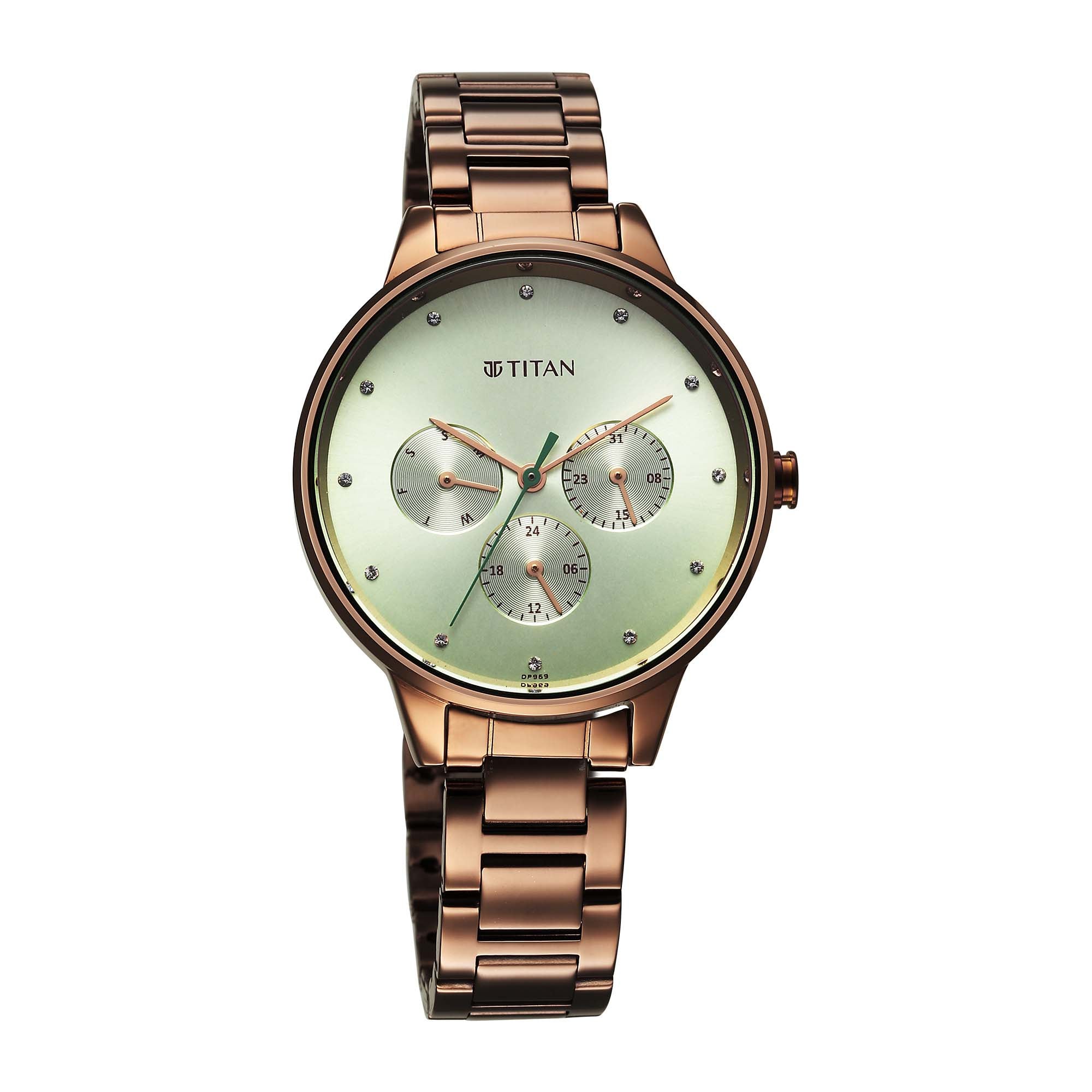 Titan Green Dial Brown Stainless Steel Strap Analog with Day and Date Watch for Women