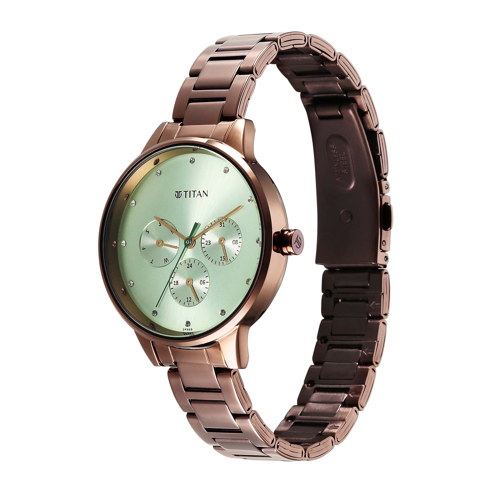 Titan Green Dial Brown Stainless Steel Strap Analog with Day and Date Watch for Women