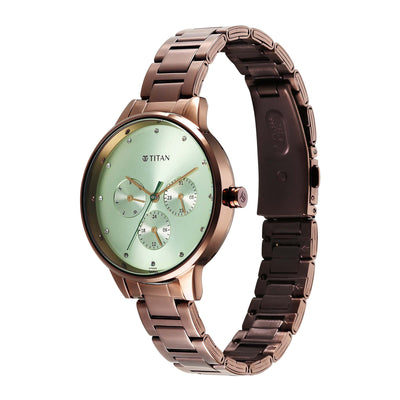 Titan Green Dial Brown Stainless Steel Strap Analog with Day and Date Watch for Women