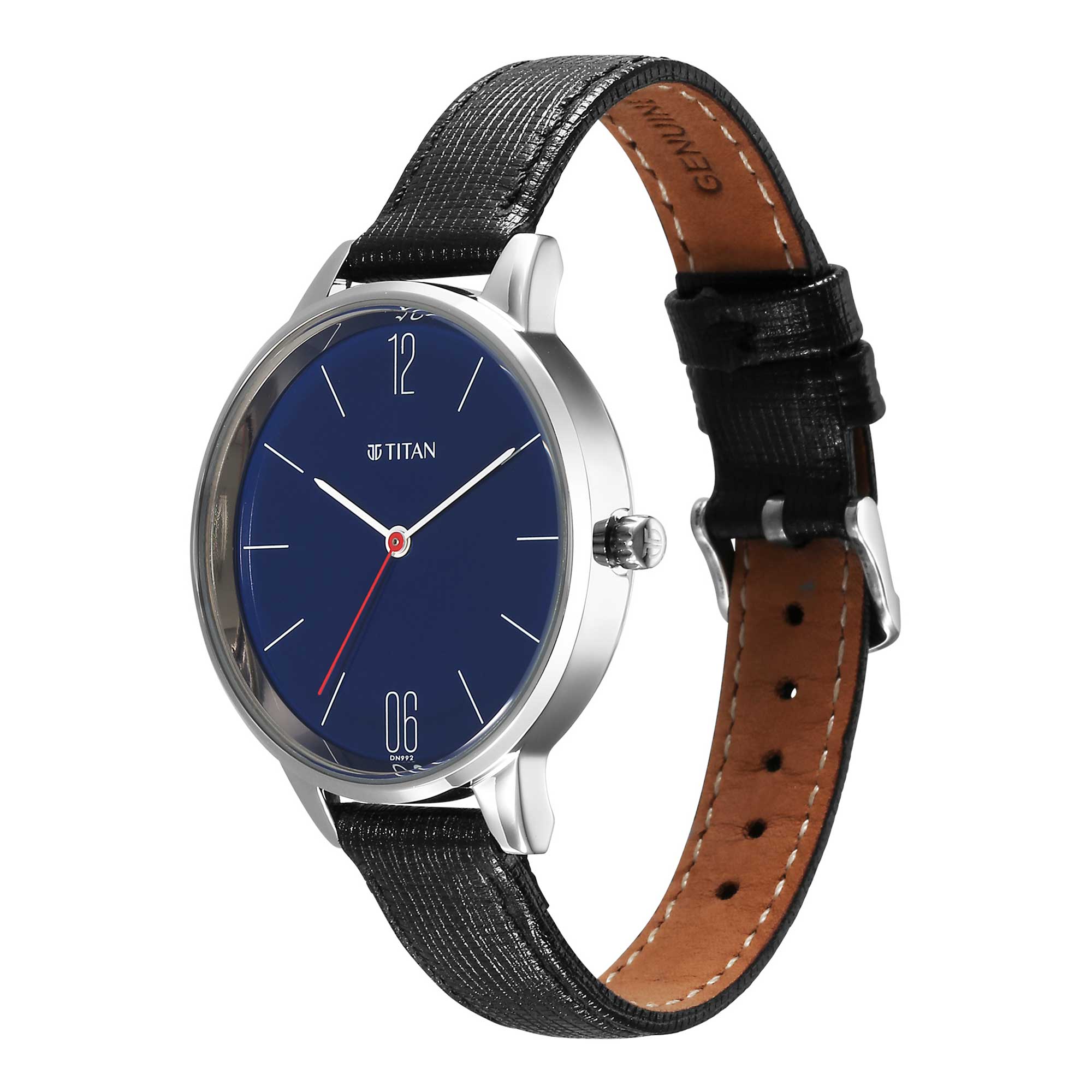 Titan Workwear Blue Dial Black Leather Strap Analog Watch for Women