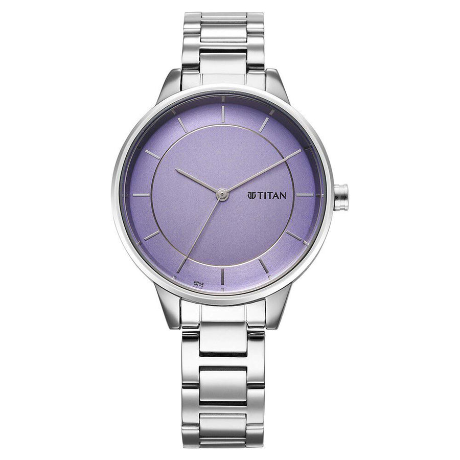 Titan Fashion Purple Dial Silver Stainless Steel Strap Analog Watch For Women