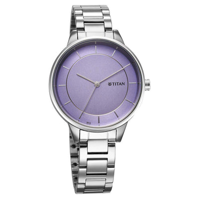 Titan Fashion Purple Dial Silver Stainless Steel Strap Analog Watch For Women