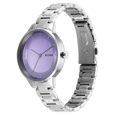 Titan Fashion Purple Dial Silver Stainless Steel Strap Analog Watch For Women