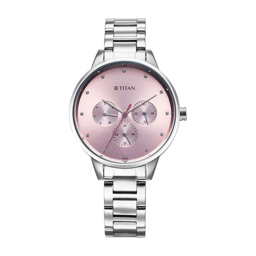 Titan Pink Dial Silver Stainless Steel Strap Analog with Day and Date Watch for Women