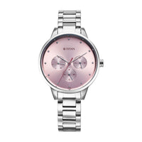 Titan Pink Dial Silver Stainless Steel Strap Analog with Day and Date Watch for Women